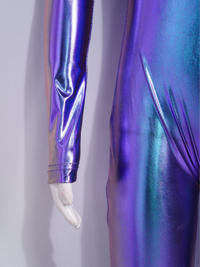 Long Sleeve Front Zip Metallic Footed Bodysuit for Girls Shiny Unitard Jumpsuit Stage Performance Dance Competition
