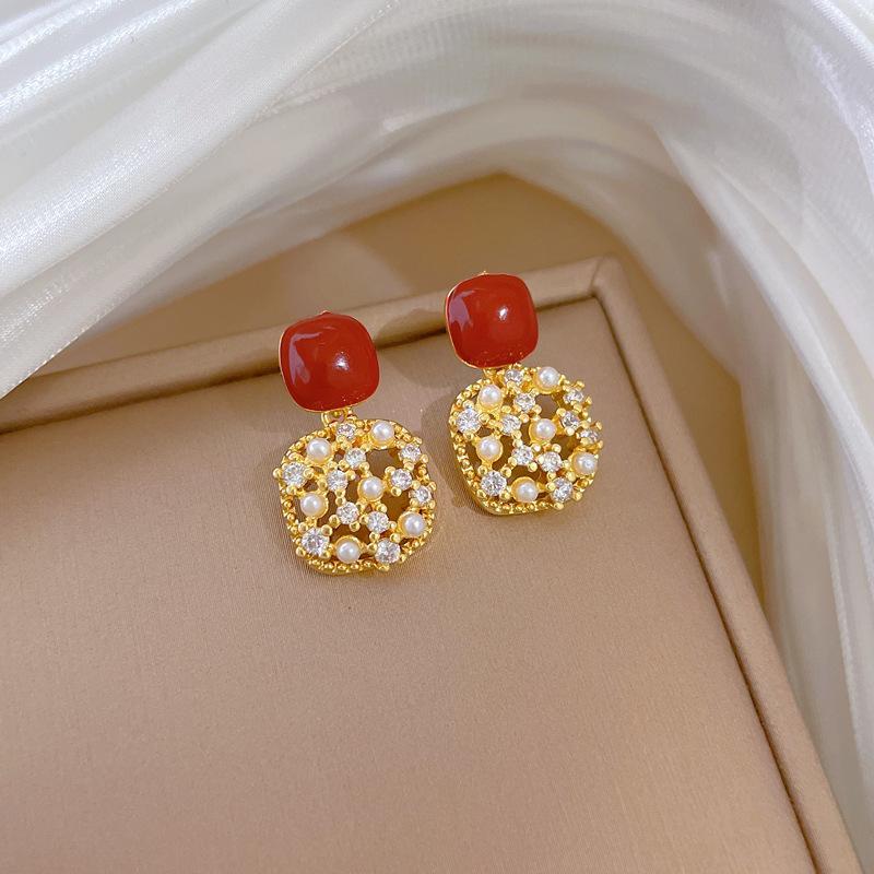 Geometrisches Vintage Rotes Emaille Zirkon Quadrat Halskette Ohrstecker für Damen Y2K Edelstahl Kette Schmuckset Geschenke