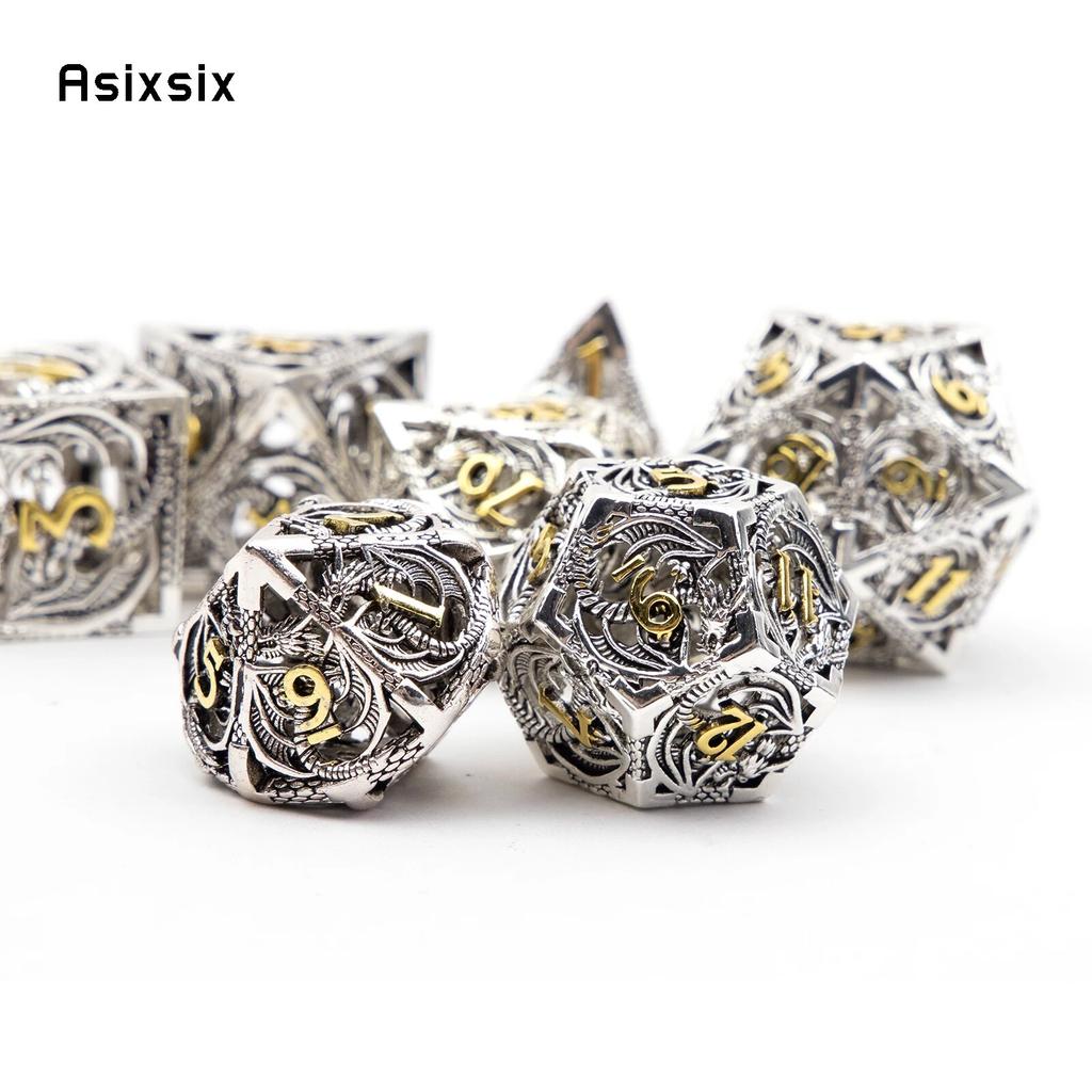 7 sztuk srebrnych złotych metalowych kostek smoka, pustych metalowych wielościennych kości, zestaw odpowiedni do gier RPG, gier karcianych, gier planszowych