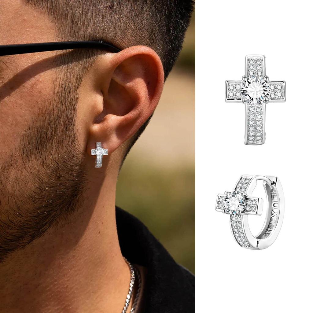 Cross Hoop Earrings for Men Boys,Hip Hop Big Zircon Huggies Earrings,Cool Rap Trendy Zircon Gifts