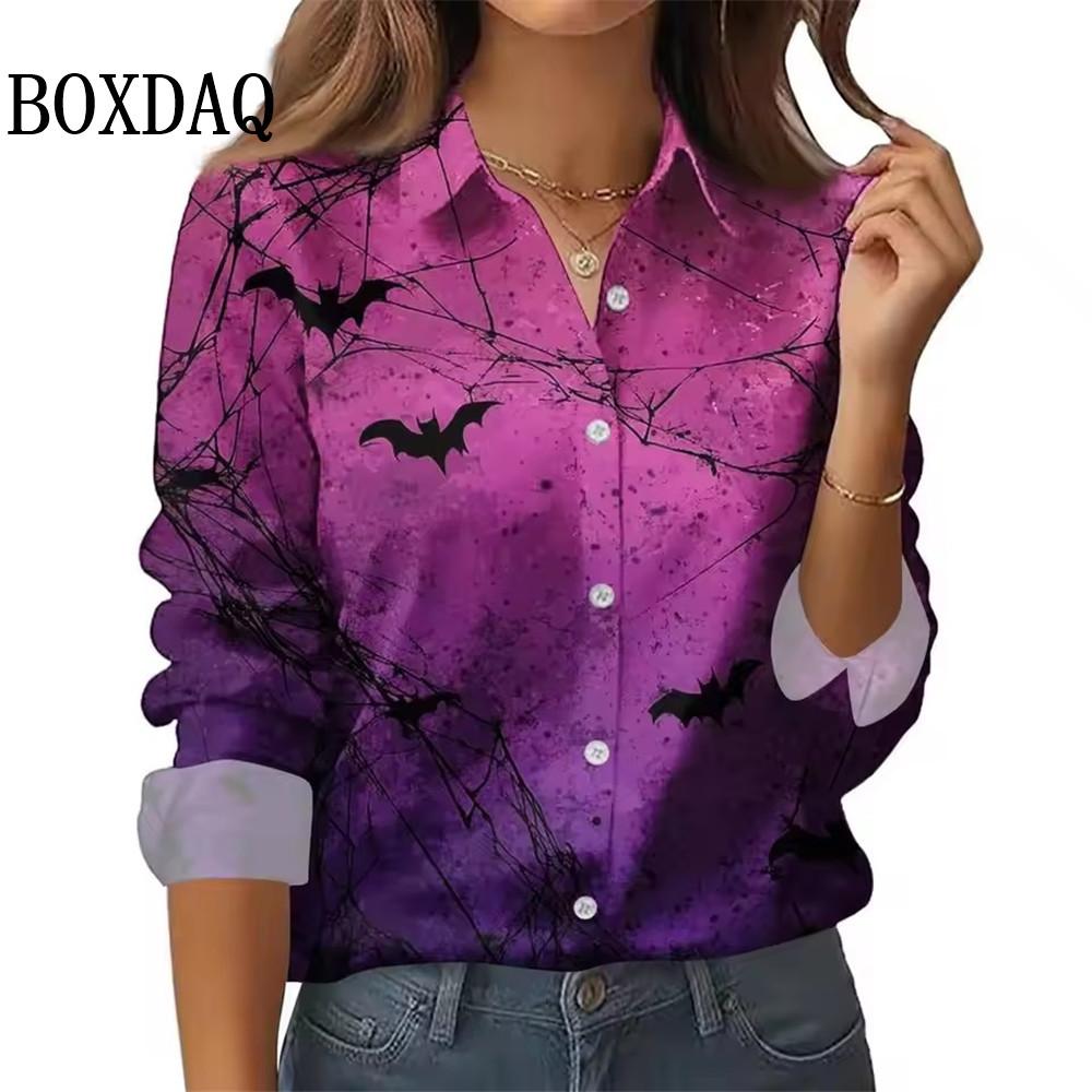 Neues 2025 Damen 3D-Druck Fledermaus Spinnennetz Langarmshirt Mode Halloween Party Lässig Täglich Revers Damen Langarmshirts