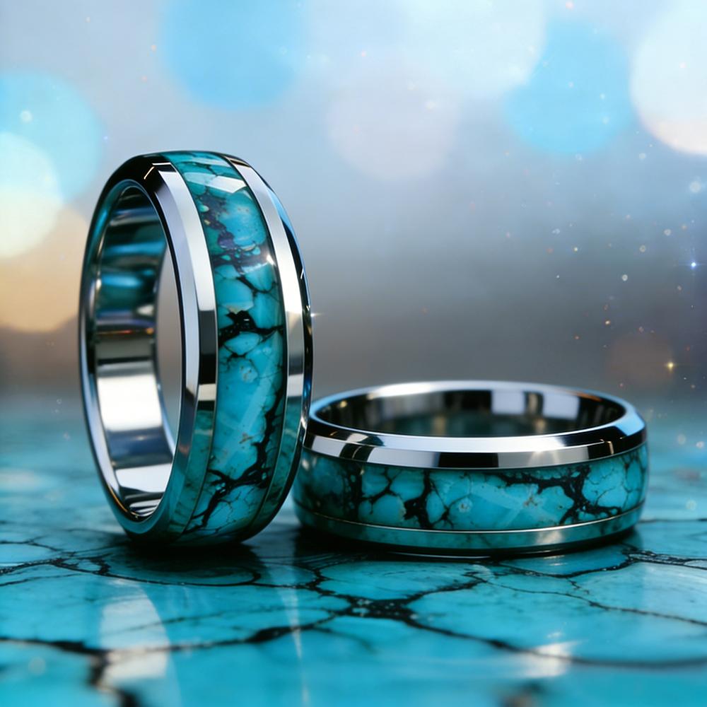 8mm Blue Turquoise Inlay Stainless Steel Ring for Men Vintage Wedding Band Engagement Jewelry Wedding Jewelry Drop Shipping