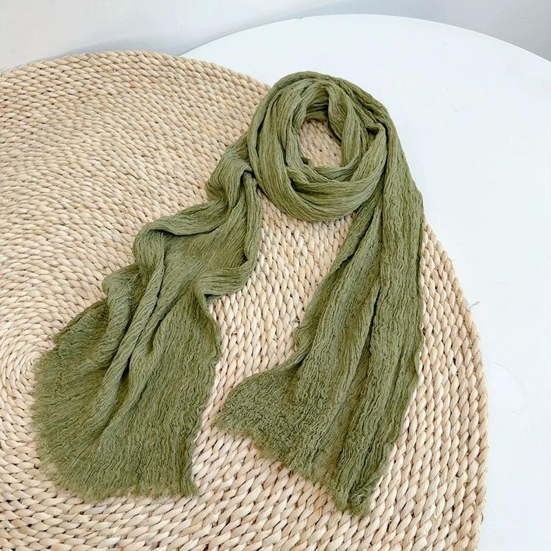 Solid Color Cotton Crinkled Scarf for Women Retro Neck Warmer Decorative Narrow Long Striped Scarf Wrap Shawl for Autumn 220cm