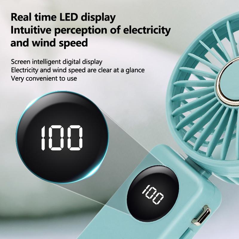 Portable Handheld Personal Rechargeable Fan Led Digital Display 90°Adjustable Rechargeable Fan 5 Speed Wind With Lanyard