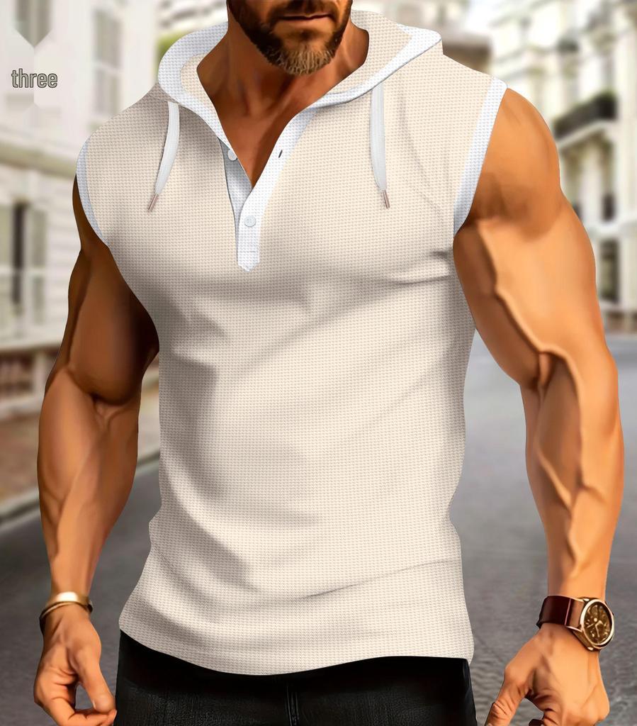 2024 Summer Men's Hooded Plaid Zip-Up Sleeveless Cardigan T-Shirt