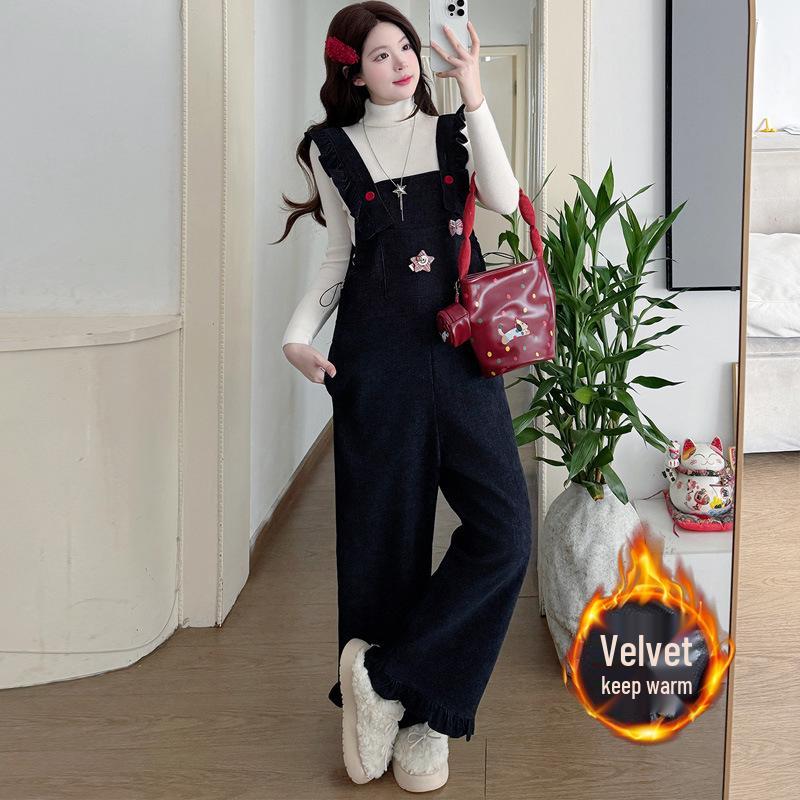 

2025 Fall/Winter Maternity Knitted Base Layer Velvet Fashion Overalls Two-Piece Set 2XL [For 140-160 lbs]