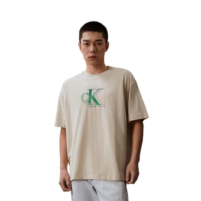 Calvin Klein Unisex Letter Logo Print Loose Round Neck Short Sleeve T-Shirt Unisex Tops Light-Khaki J400322ACI