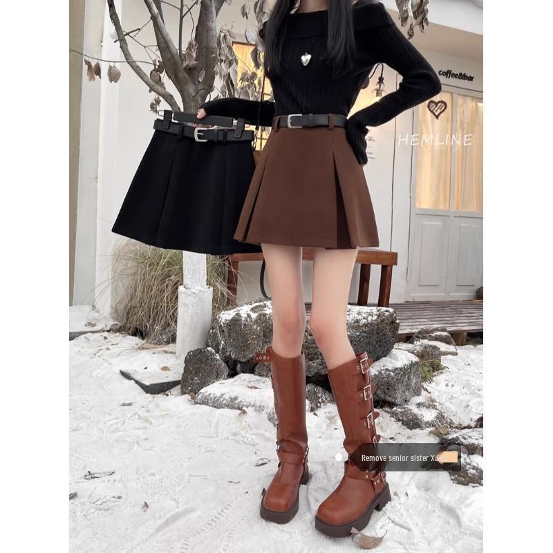 Women's Petite Wool A-Line Pleated Skirt in Coffee - Flattering High-Waisted Pencil Design for Autumn/Winter 2025
