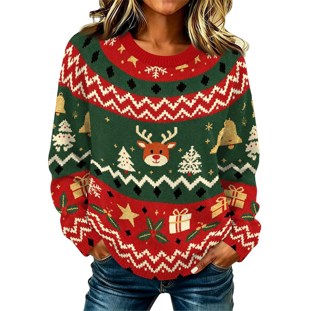 Women's Stylish Casual Long Sleeve Neck Knit Pullover Sweater with Christmas Print