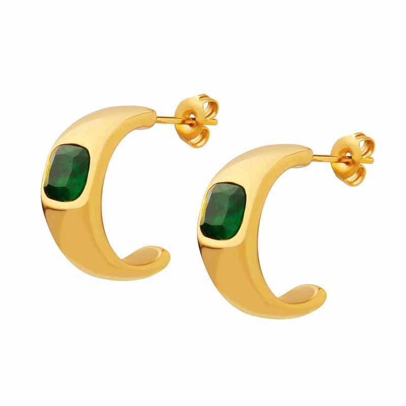 C-shaped Green Zirconia Earrings in 18K Gold-Plated Titanium Steel - European & American Style Fashion Accessory