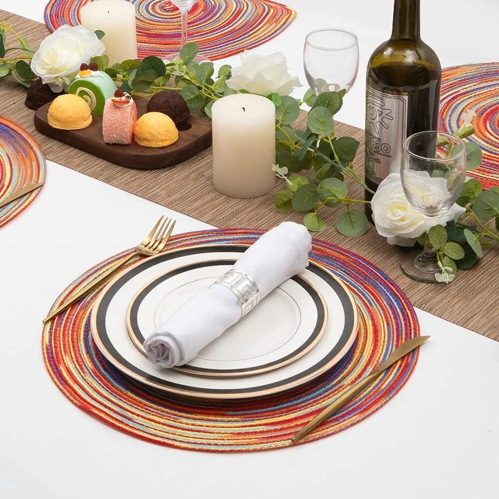 6PCS Braided Round Place Mats Kitchen Dining Table Runner Heat Insulation Non-Slip Washable Placemats Christmas Table Mats Home Decoration Pad Coaster