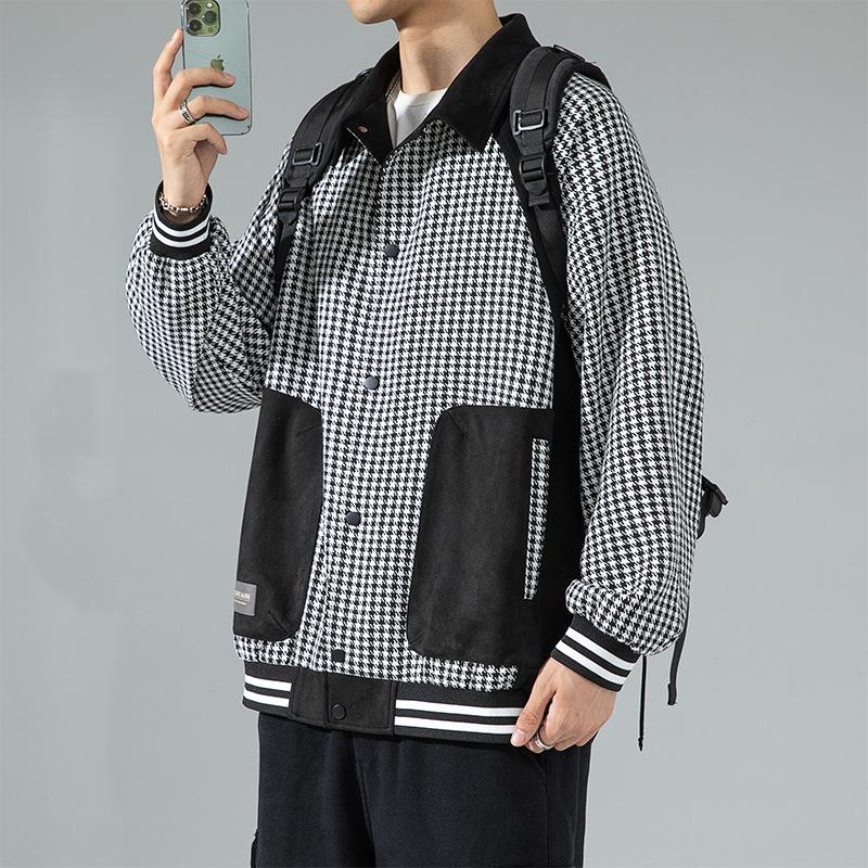 

Spring and autumn new men s Korean houndstooth contrasting deerskin lapel long sleeve jacket fashionable couples all-matching outer M