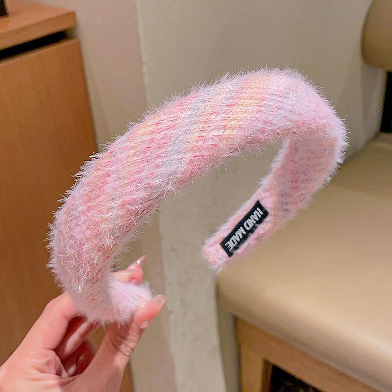 

Style Cute Headbands Sweet Chessboard Grid Colored Plush Hair Accessories рожевий