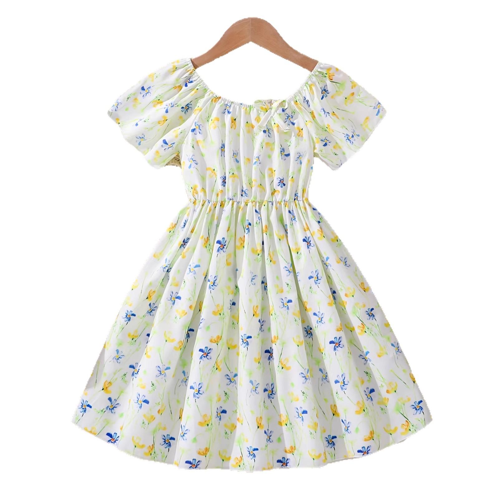 Girls Light Yellow Floral Print Dress - Summer Children s Princess Cute Pleated Dress 3-4Y
