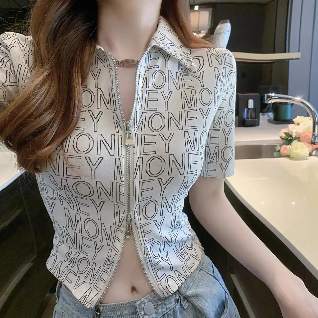 New Summer Letter Lapel Short-sleeved T-shirt Slim Short Double Zipper Navel Top Temperament Cardigan Trendy