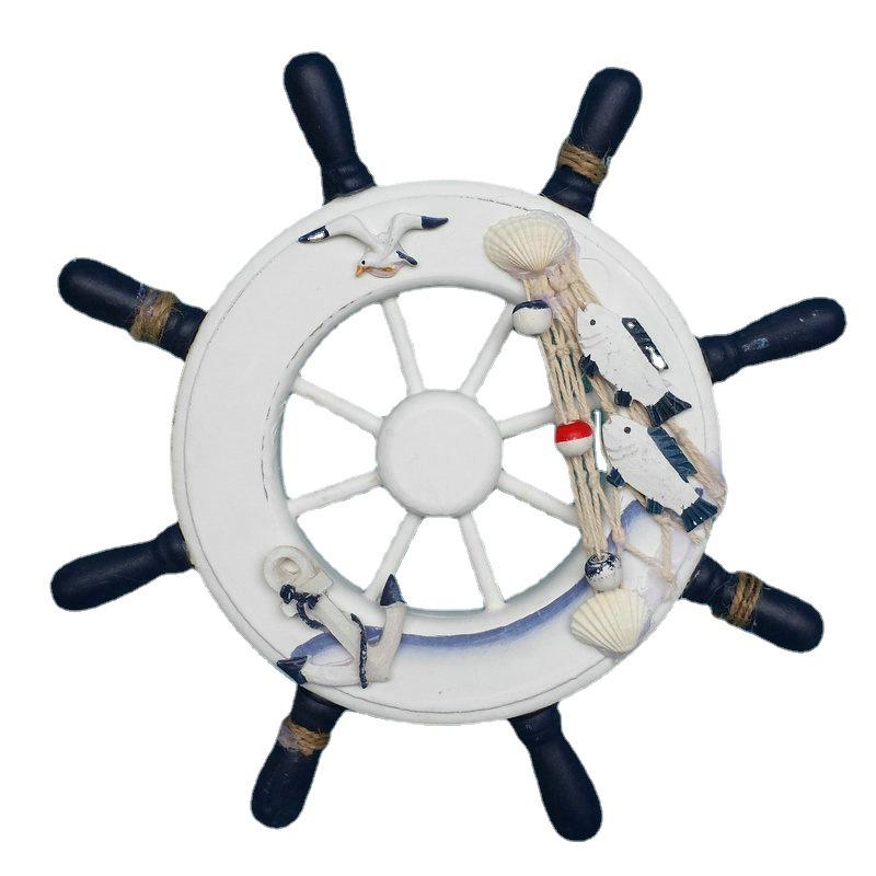 23cm Mediterranean Helmsman Figurine Wall Decoration - Wooden Ship's Wheel Craft