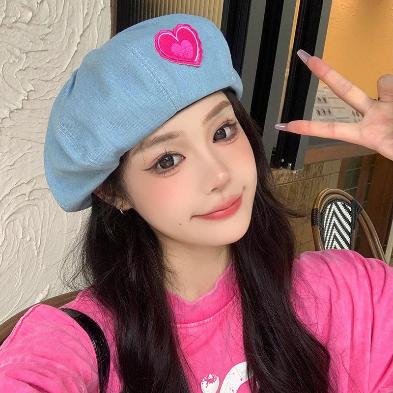 Fashion Blue Denim Beret Hat for Women Sweet Pink Love Sticker Spring Newsboy Cap Korean Girls Artist Painter Octagonal Hat
