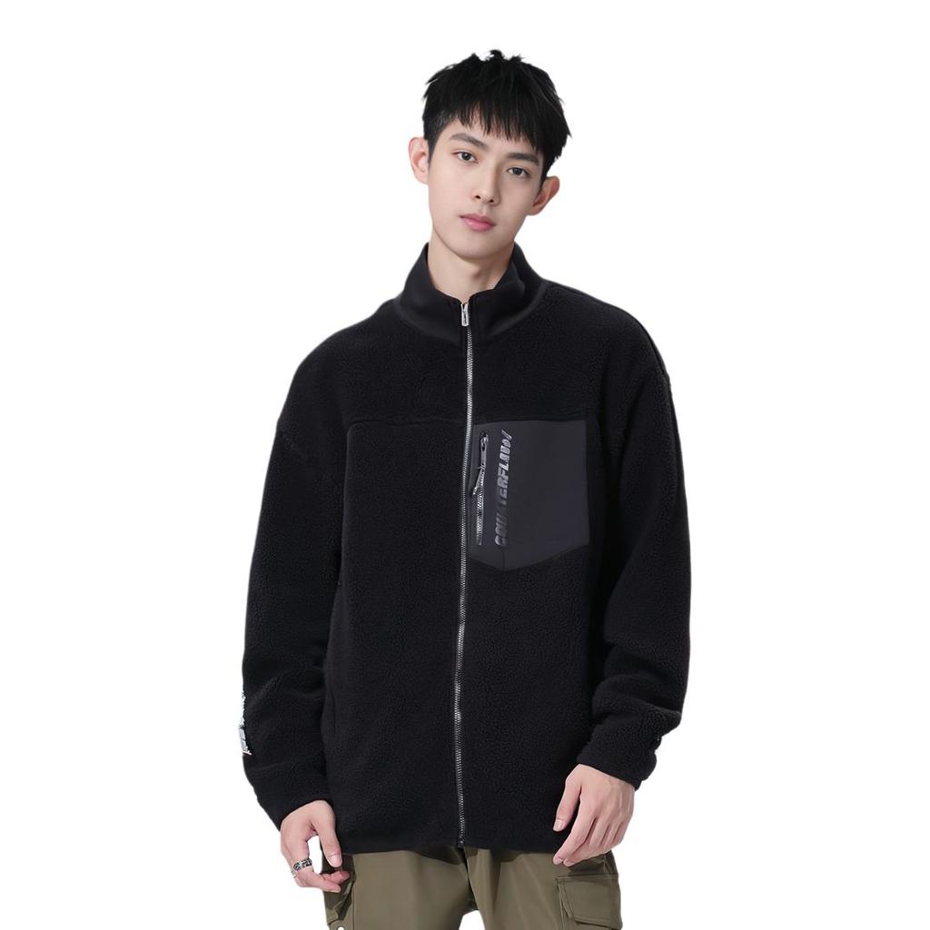 Li Ning Sports Fashion Collection Letter Print Fleece Lined Thermal Sherpa Jacket Unisex Black AFDSD89-2