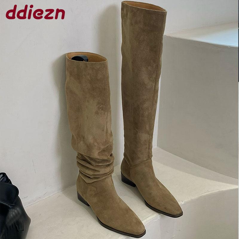 Fashion Fashion Flock Pleated Women Knee High Boots Low Heel Shoes Pointed Toe Modern Ladies Long Boots Female Pumps Shoes