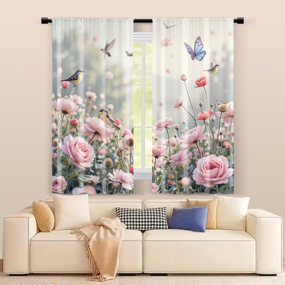 2 pcs, filtering curtains (excluding rods, non-movable, without batteries) Floral and Bird for use in bedrooms and living rooms