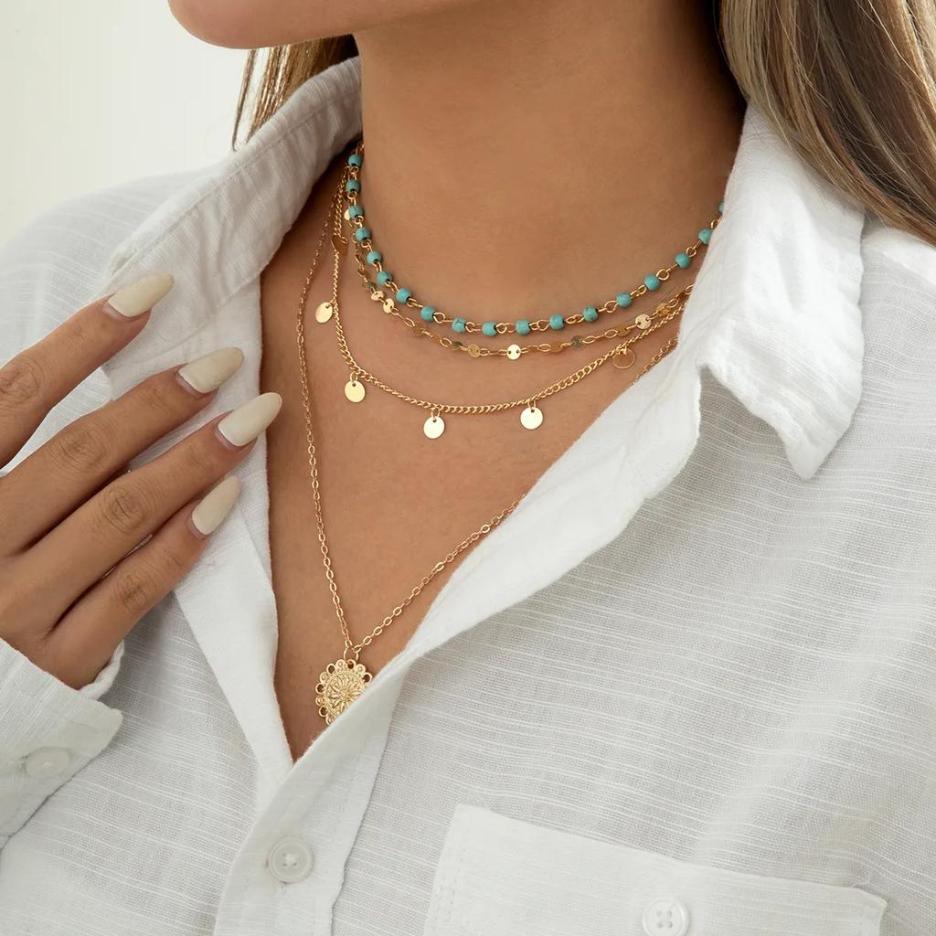4ks/Sada Boho Kamenný Květinový Talíř Přívěsek Choker Náhrdelník pro Ženy Vintage Zlatá Barva Nastavitelný Řetízek Estetické Šperky Dárek