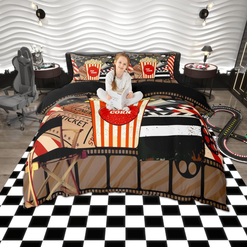 Homewish Vintage Cinema Duvet Cover Set, Movie Tine Print Bedding Set, Retro Film Popcorn Bedroom Set, Room Decor