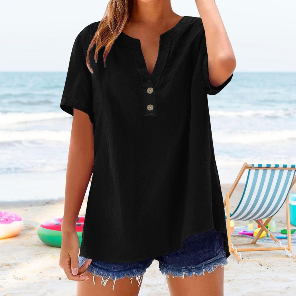 Summer Loose Shirts For Women Short Sleeve V Neck Button Plain Shirt Casual Beach Vacation Clothes For Women