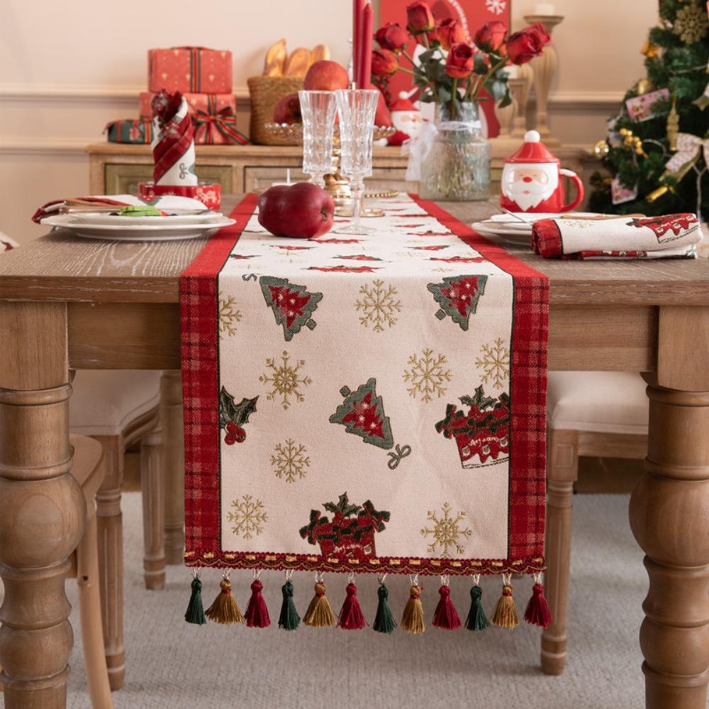 Christmas Snowman Jacquard Table Runner with Fringe Polyester Home Decor Tablecloth Bedspread