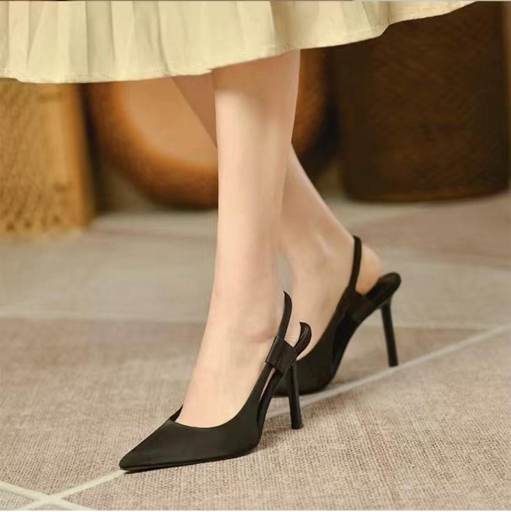 Satin Blue Pointed Toe High Heels with Back Strap - Women's Spring/Autumn 2023 Sandals