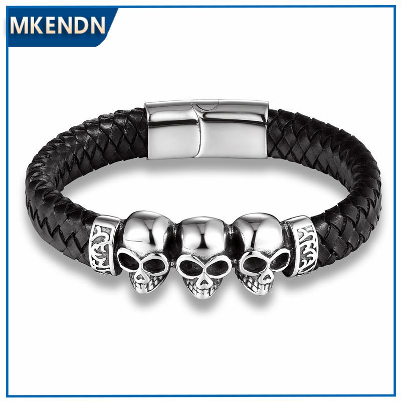 Fashion Braided Leather Bracelets Skull Bracelet Punk Wrap Bracelet Stainless Steel Magnetic Buckle Fashion Bangles
