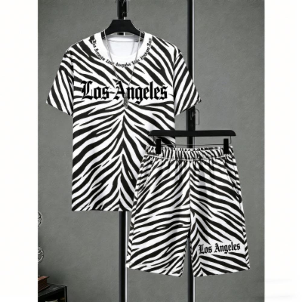 Fashion Men's Set Letter Zebra Stripe Colorful Printed Men's T-shirt and Shorts 2 Piece Set Summer Casual Outdoor Men's and Women's T-shirt Sets