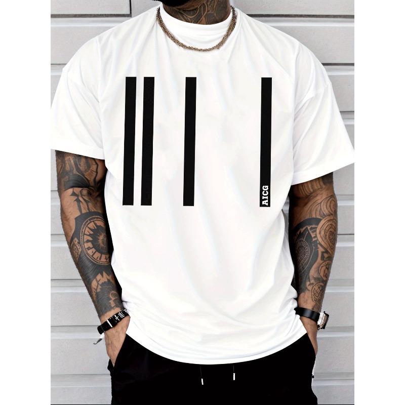 Trendy Graphic Tee for Men Featuring Vertical White Stripes And AYICC Lettering, Perfect for Casual Outings And As a Holiday Gift S белый