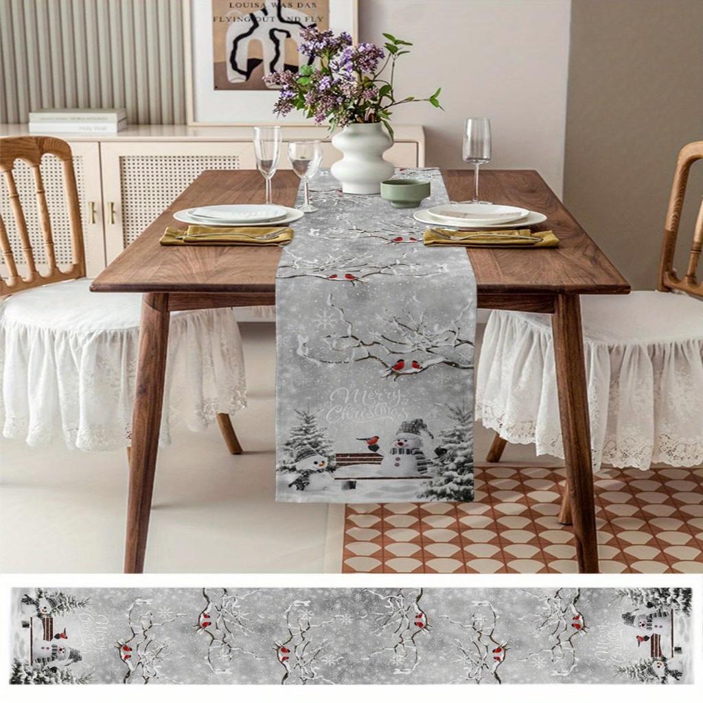 1pc Grey Marry Christmas Table Runner Snowman Printed Dustproof Durable Tablecloth for Xmas New Year Dinning Table Decoration