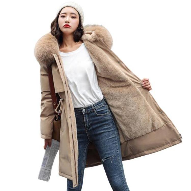 Winter Damen Mittellanger Plüschmantel Langarm Pelzbesetzte Kapuze Taschen Reißverschluss Knopfverschluss Große Größen Dickes Baumwollfutter Jacke