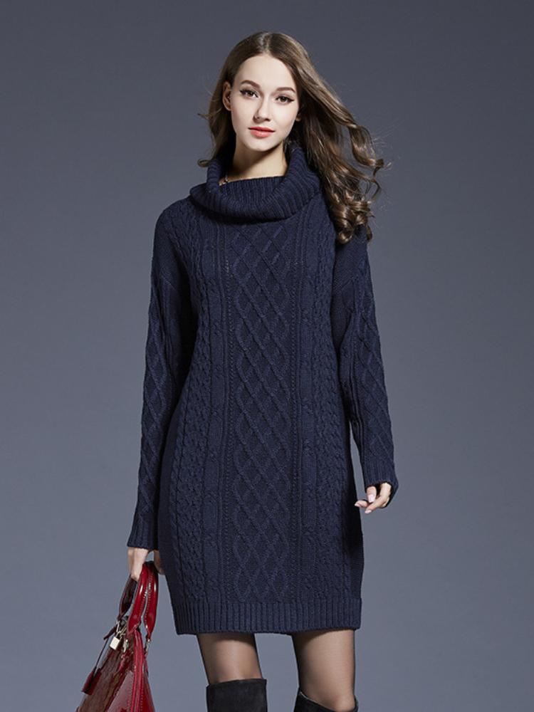 

Осенне-зимнее женское вязаное платье-свитер большого размера, длинный свитер с высоким воротом для женщин 4XL темно-синий
