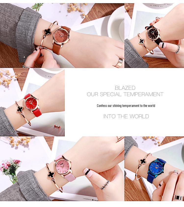 Gedi Fashion Glitter Women's High-End Waterproof Quartz Watch with Leather Strap