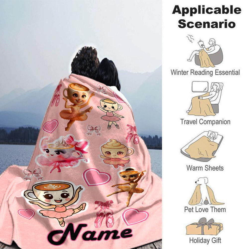 Dancing Cup Characters With Hearts And Ribbons Throw Personalized Blanket Customize Your Name Soft Warm Cozy Great For Sofa Couch Office Bed Picnics