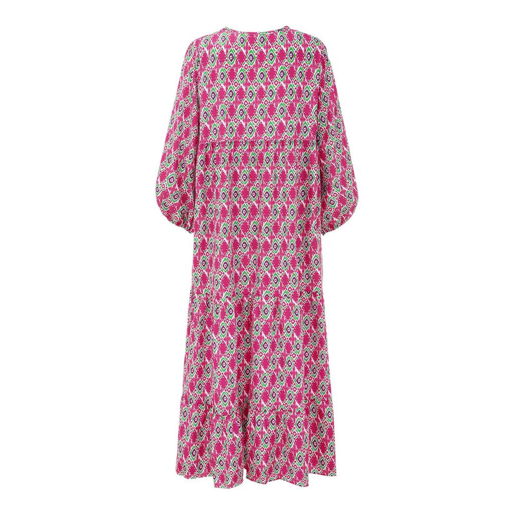 Women Floral Print Bohemian Long Dress Loose V-Neck Fashion Summer Beach Dress