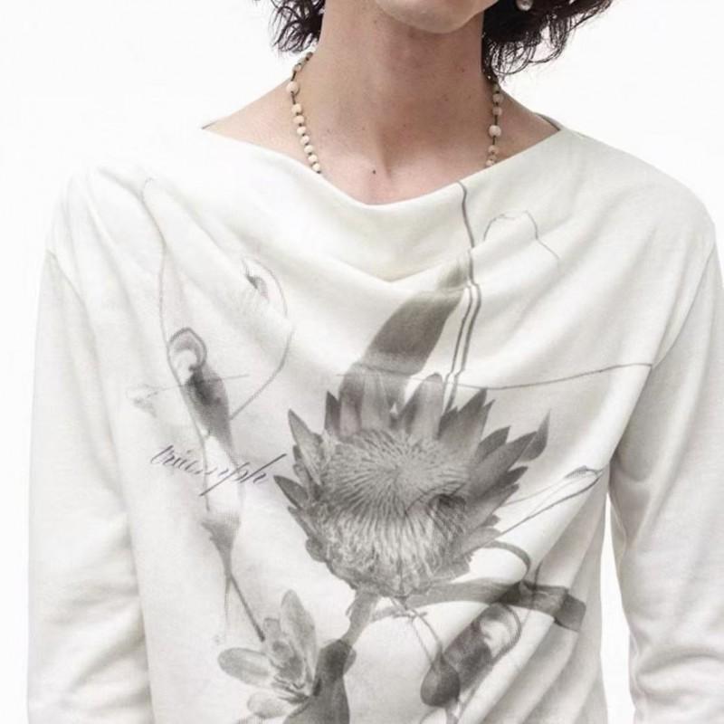 Casual Floral Print Long Sleeve T-Shirt Loose Fit Slash Neck Top Men Women