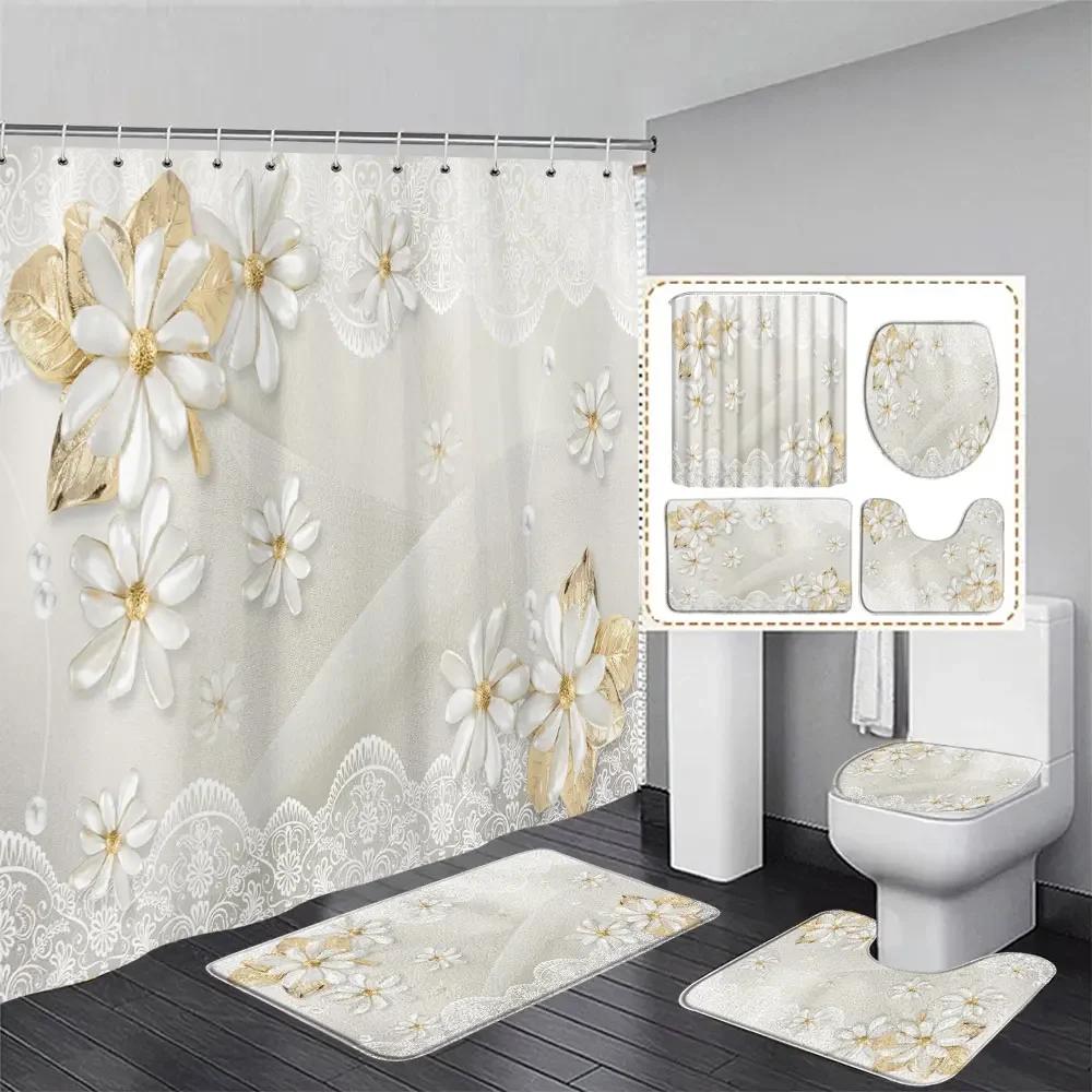 Elegant Bouquet Of Fantastic White Flowers 3D Style Shower Curtain Bathroom Curtain With Bath Rug Carpet Set Floral Home Decor