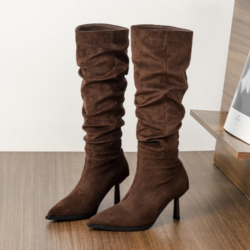 Retro Brown Faux Suede Knee Boots Women Fashion Pointed Toe Pleated Thin Heel Designer Boots Comfortable Women Shoes Botas Mujer