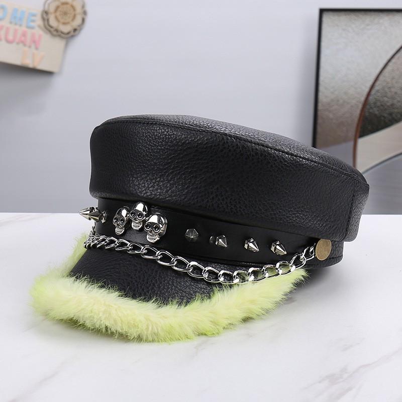 Punk Stil Flache Kappe Herren und Damen Persönlichkeit Leder Lange Nieten Leopardenmuster Silberne Kappe