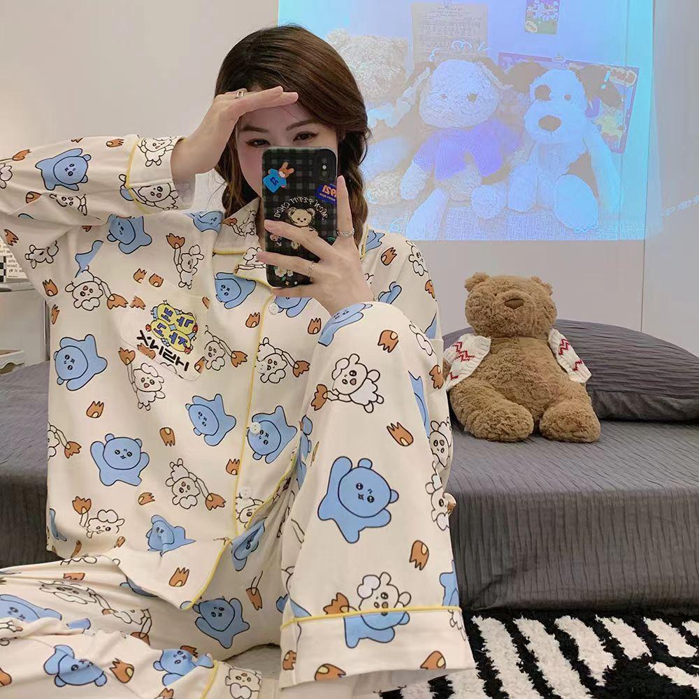 2pcs Spring And Autumn Ladies Pajamas Girls Homewear  Of Autumn And Winter Cartoon Cute Homewear Long-Sleeved Trousers Set