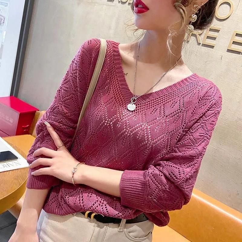 Women's Autumn Loose Thin V-neck Bat Shirt Ladies Hollow Knit Sweater Short Sweater