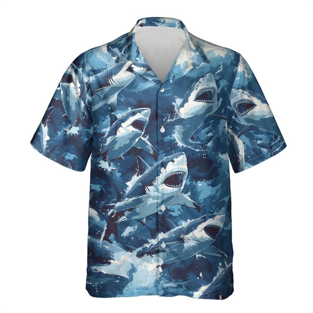 Horror Shark 3D Printed Shirts For Men Clothes Vintage Hip Hop Male Streetwear Funny Animal Short Sleeve Sea Animal Lapel Blouse S