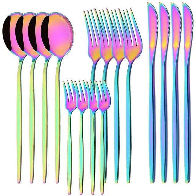 16 stk Rainbow Bestikk Bestikksett i rustfritt stål Kniv Kakegaffel Skje Middagsbestikk Kjøkken Sølvbestikk Bestikk