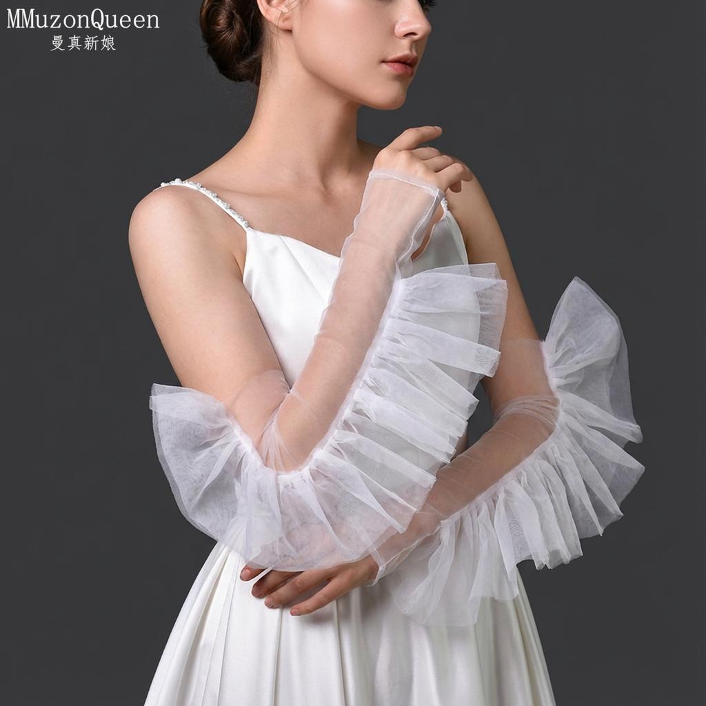 Sheer Tulle Long Arm Sleeves with Big Ruffles, White Bridal Gloves for Wedding Evening Dress Photo Shoot Costume Accessories