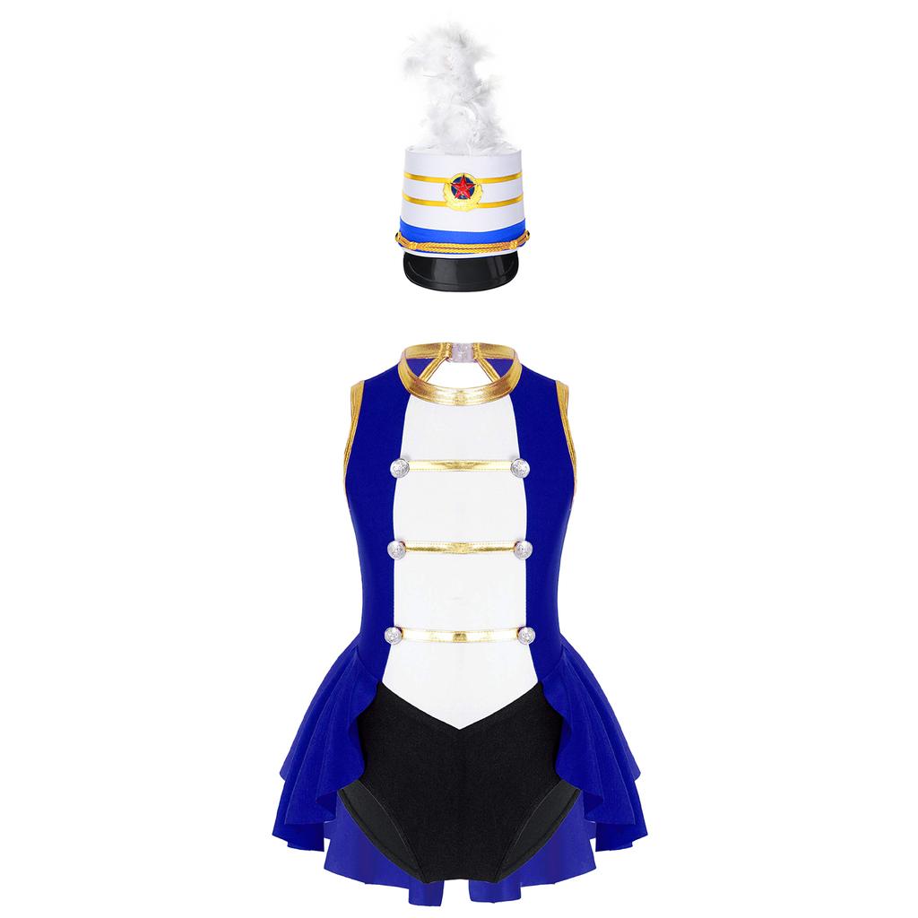 Girls Flag Raiser Performance Costume: Round Neck Cutout Back Sleeveless Leotard & Matching Feather Hat for Cosplay Dress Up