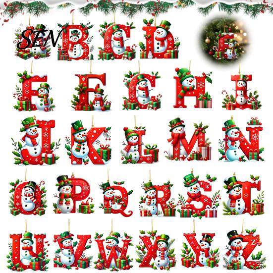 Cute Cartoon Hanging Ornaments for Party 26Pcs Christmas Alphabet Ornament Set, 2D Acrylic A-Z Letters with Decorative Holiday Gift Tags Friends Santa