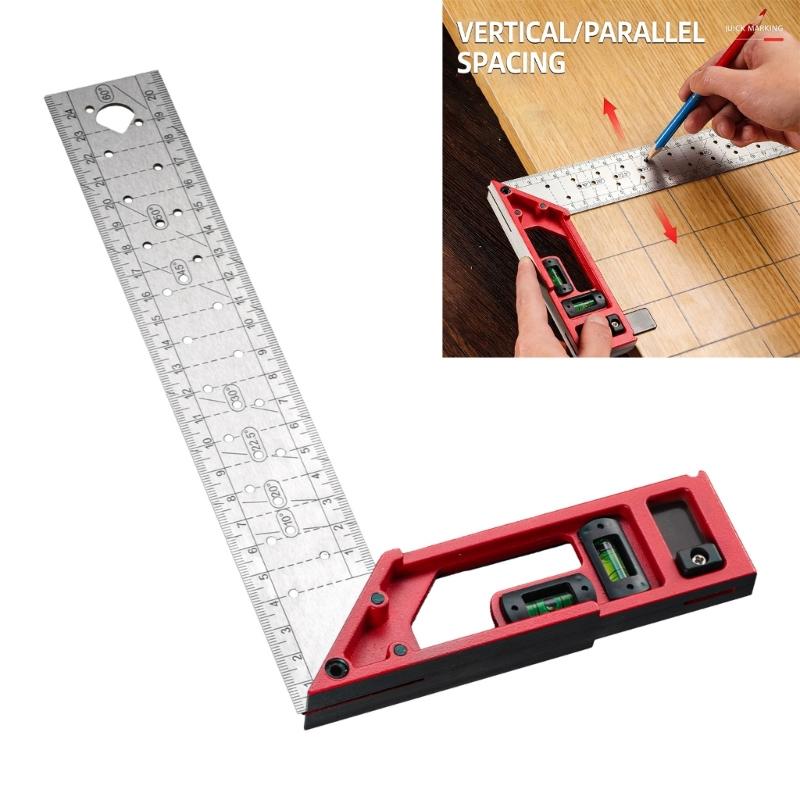 Aluminum Stainless Steel Combination Square Featuring Lasering Etched Graduations Build In Level Vials And Preset Angled Holes For Quick Layout
